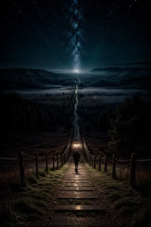 Night Sky Pathway Through Foggy Eerie Landscape - AI Image Gallery | Diffus