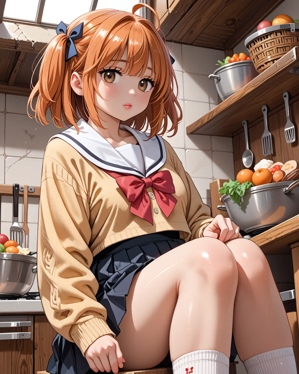 An anime-style girl with orange hair tied with blue ribbons, wearing a yellow cardigan and sailor-style school uniform, sitting in a cozy kitchen surrounded by kitchen utensils and food items.