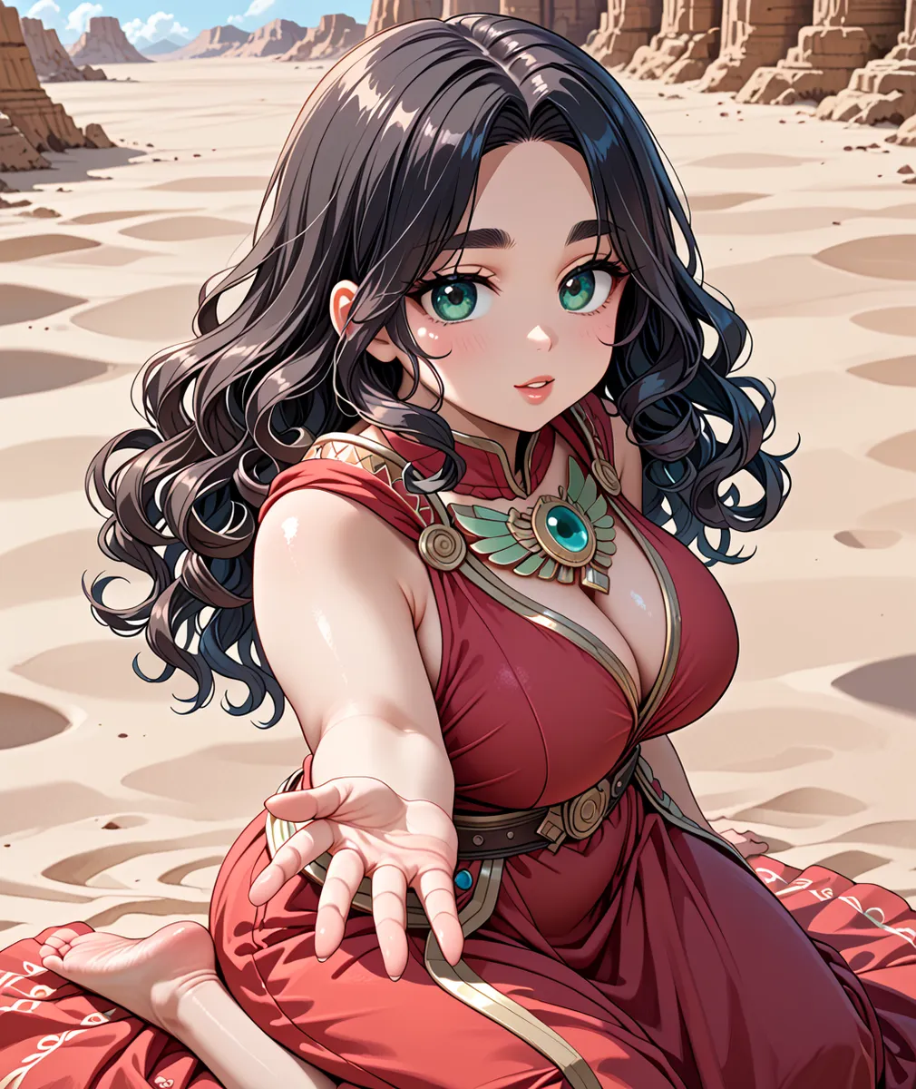 Una joven estilo anime con cabello negro rizado y ojos verdes que lleva un vestido rojo fantasioso detallado con una gran joya, sentada en un desierto y extendiendo su mano hacia el espectador.