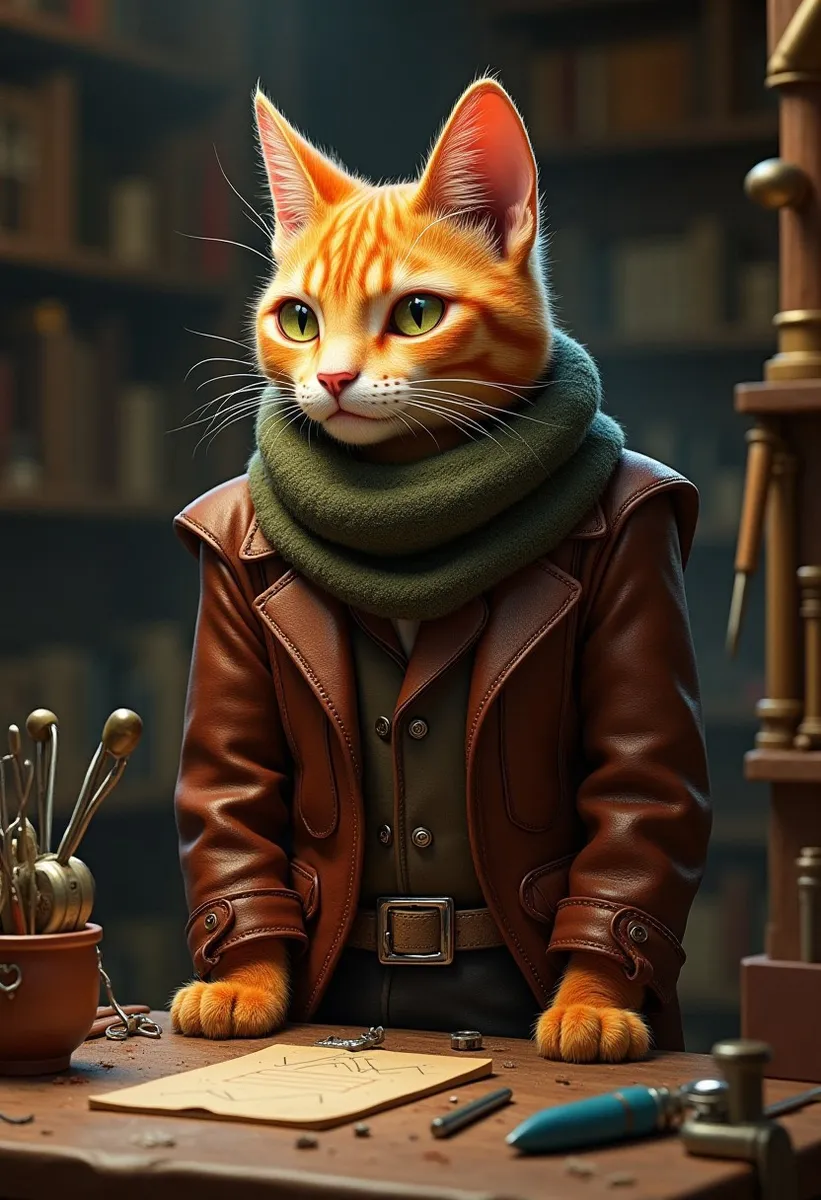 Detailed image of an orange tabby cat inventor wearing a leather jacket and green scarf, standing behind a workbench in a workshop with warm colors.
