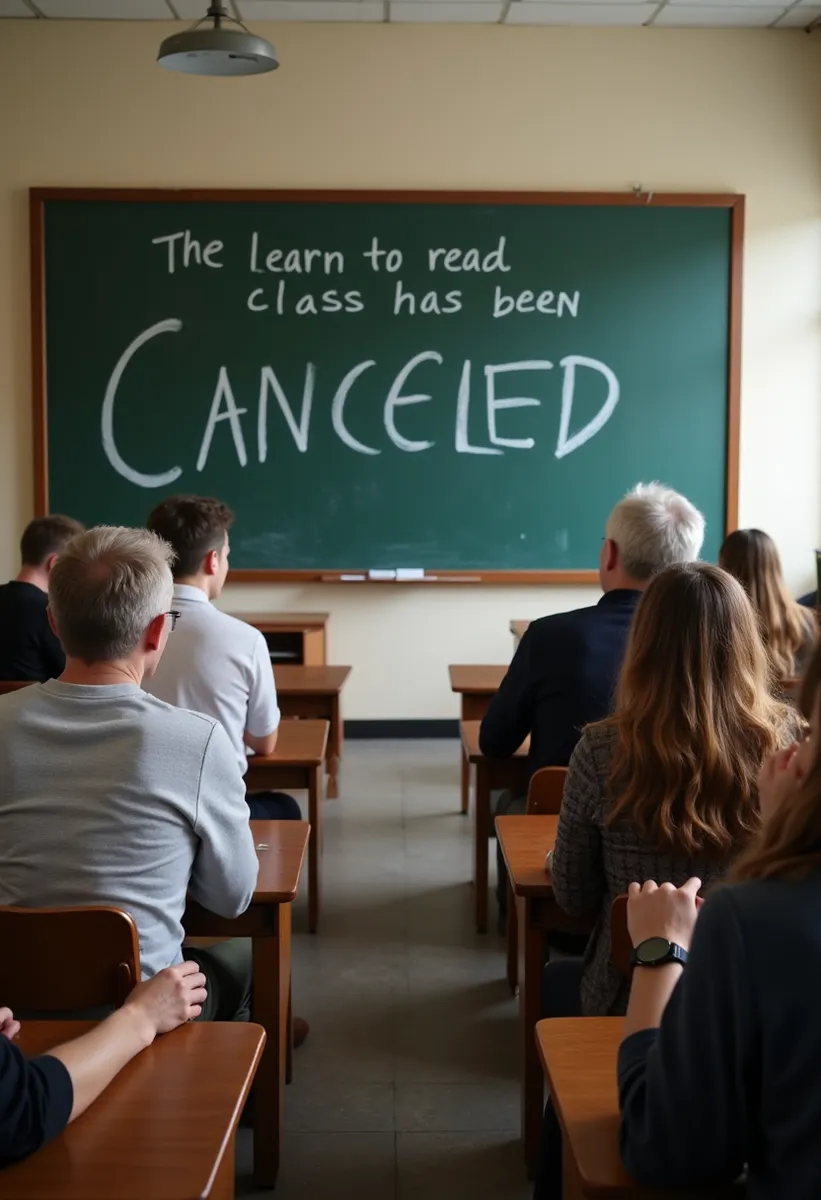 Classroom of adults with a chalkboard reading 'The learn to read class has been canceled', people look at their watches