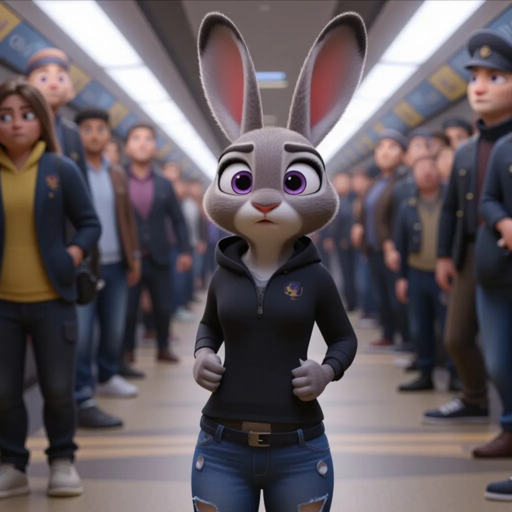 3D rendered anthro rabbit girl with grey fur and purple eyes wearing a black hoodie and ripped denim shorts standing on a crowded subway platform in Pixar-style animation.
