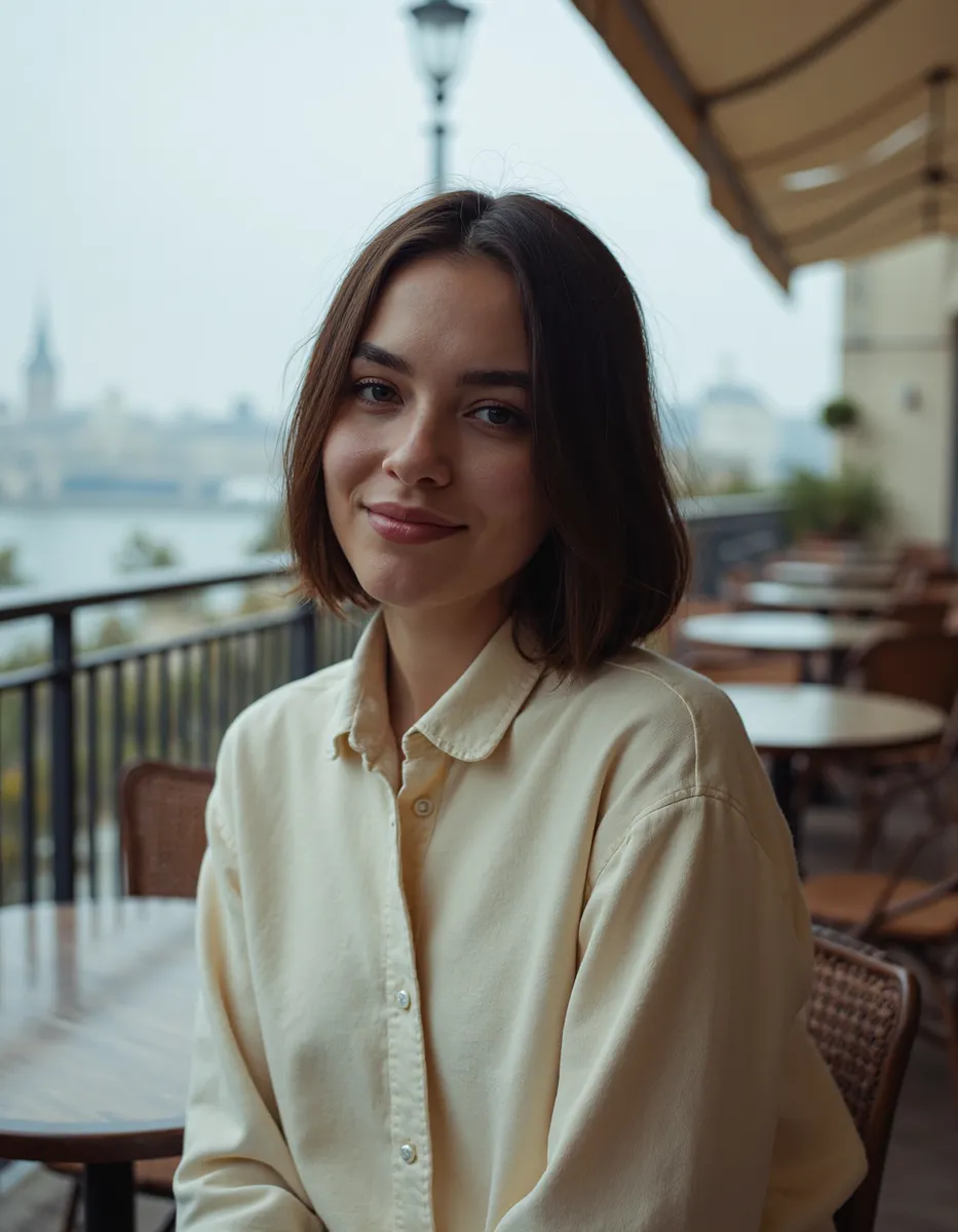 Retrato de uma jovem com cabelo bob e sorriso suave sentada em uma varanda de café parisiense usando uma camisa de cor clara, com um fundo de paisagem urbana nebulosa.