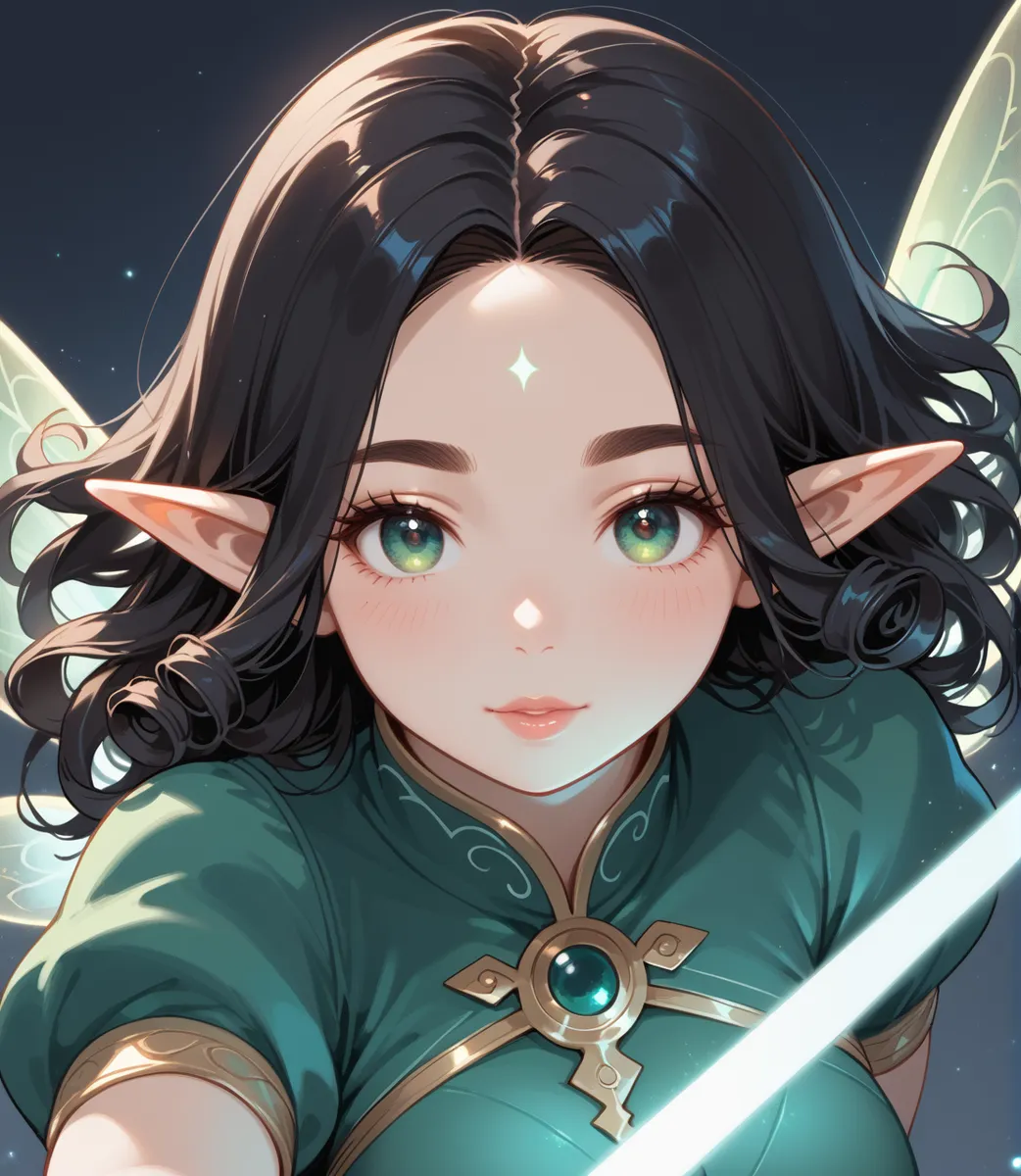 Retrato em close-up de uma garota elfa com cabelo preto encaracolado, olhos verdes, orelhas pontudas, vestindo uma blusa verde de gola alta com decorações douradas, segurando um sabre de luz verde brilhante, fadas fantásticas e ambiente mágico ao fundo.