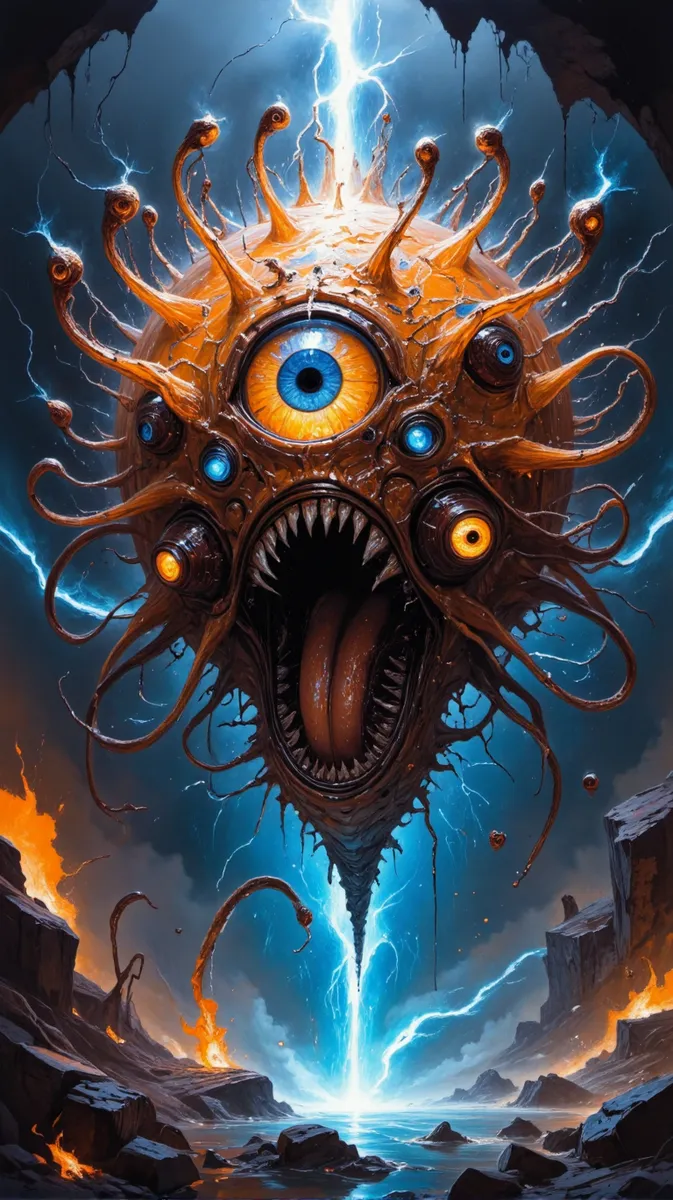 A detailed fantasy Beholder floating mid-close-up, with multiple glowing eyestalks, a large central eye, sharp teeth, and elemental magic lightning, fire, and ice surrounding it.