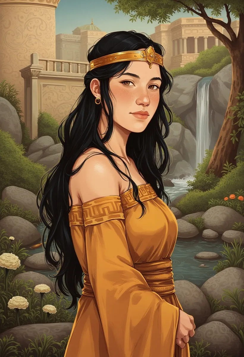 Retrato de uma jovem princesa grega antiga com cabelos longos e pretos vestindo um vestido grego tradicional amarelo mostarda e faixa de cabeça dourada, em um jardim exuberante com uma pequena cachoeira