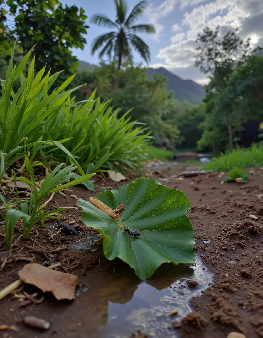 Ground-level nature photography showing ants carrying a green leaf on a muddy path with puddles in the Amazon jungle, surrounded by lush green plants and palm trees under a cloudy blue sky.