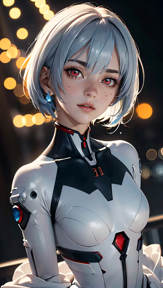 Retrato em close de Rei Ayanami com olhos vermelhos e cabelo prateado curto vestindo um traje Evangelion branco e preto altamente detalhado com fundo de luz bokeh.