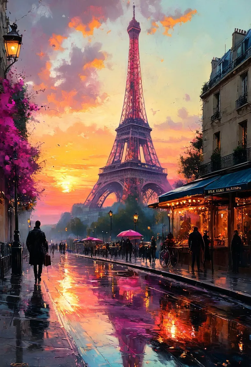 Un magnifico dipinto a olio matte della Torre Eiffel al tramonto con intense sfumature rosa, riflessi colorati su una strada bagnata di Parigi e un'atmosfera serale vivace.
