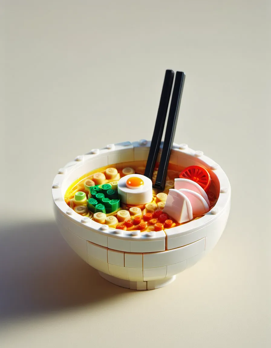 Um modelo detalhado de Lego de uma tigela de ramen apresentando uma tigela branca Lego cheia de macarrão Lego, coberturas de vegetais, um ovo Lego e dois hashis pretos.