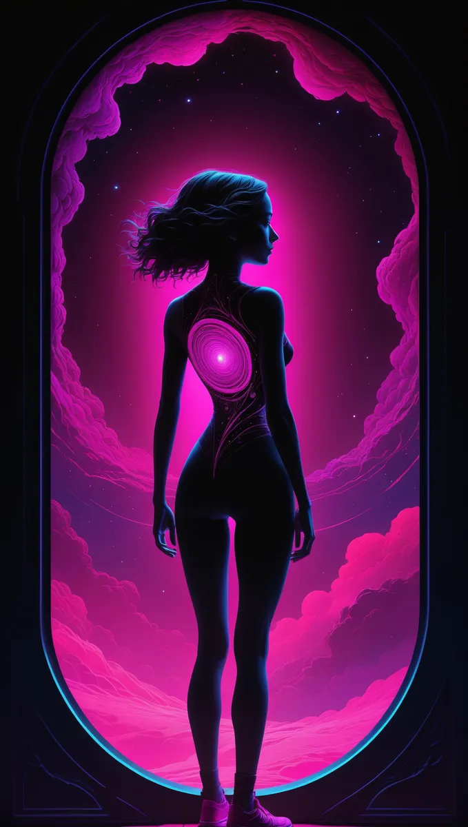 Silhueta de uma mulher diante de um portal magenta vibrante para outro mundo, com energia escura e padrões espirais intrincados nas costas, iluminada por um efeito de luz negra.