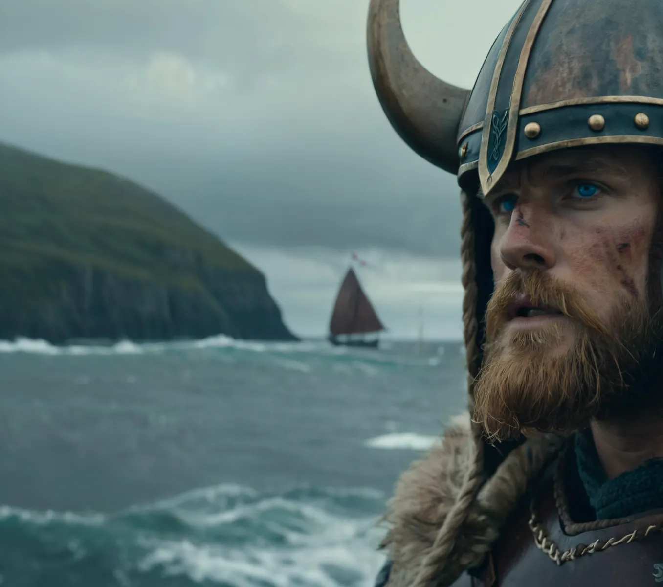 Close-up of a Viking man with a horned helmet, blue eyes, and a scarred face looking towards the cloudy Norwegian ocean with a Viking sail boat in the background.