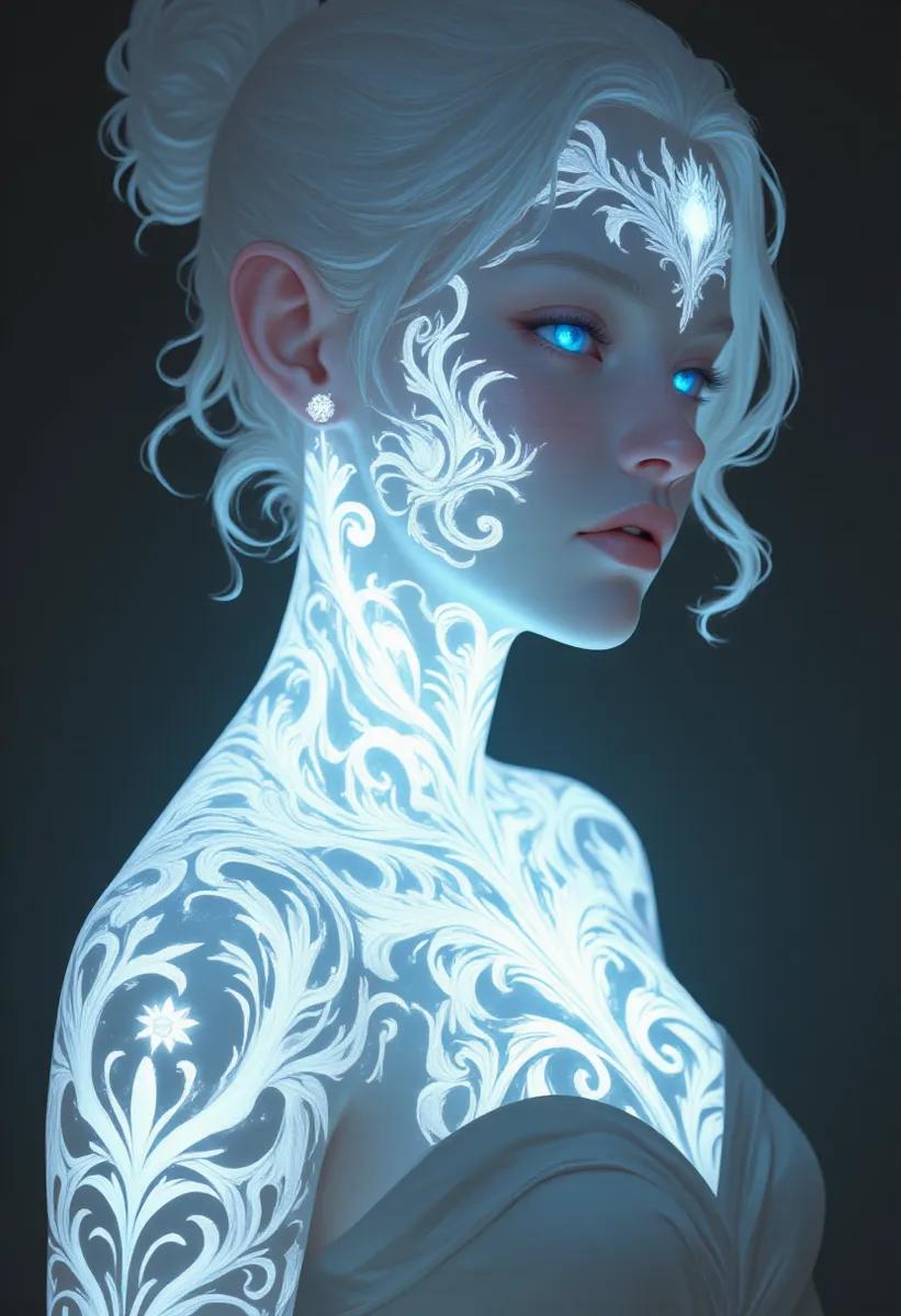 Close-up low angle portrait of an alabaster-skinned Valkyrie with glowing bioluminescent white tattoos and vivid blue eyes under Rembrandt lighting.
