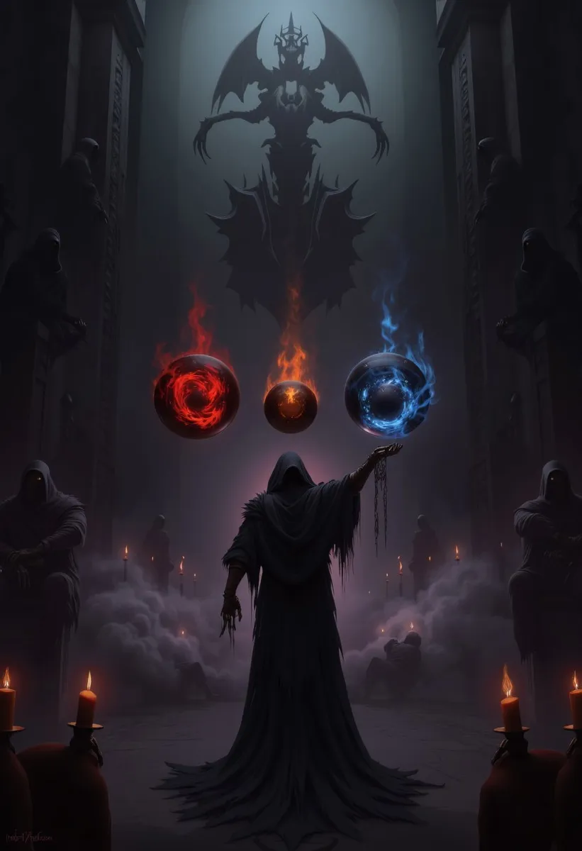 A shadowy figure in tattered robes stands in a dark chamber filled with fog, holding out a skeletal hand toward three glowing orbs of red, orange, and blue flames representing Berserker, Necromancer, and Assassin classes, surrounded by eerie statues and flickering candlelight.