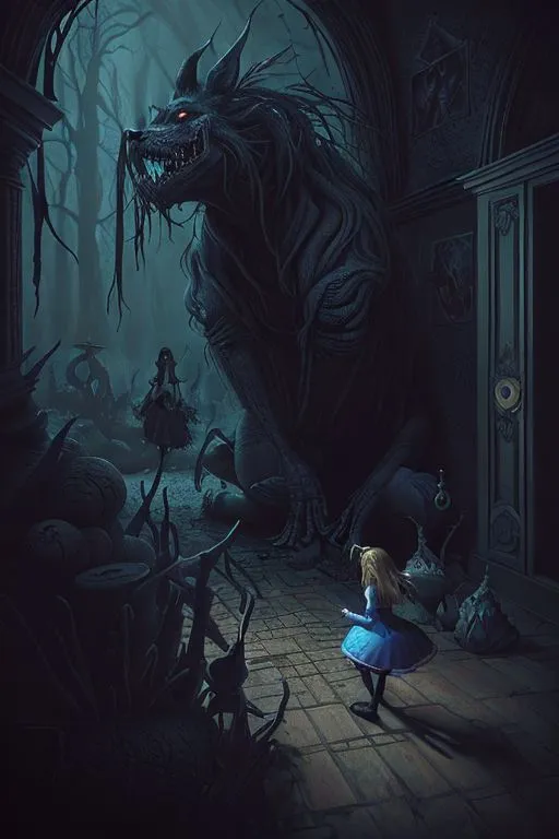 A photorealistic fantasy scene depicting a nightmare version of Alice in Wonderland with dynamic lighting, showing a large menacing wolf-like creature and a small girl in a blue dress in a dark, eerie forest.