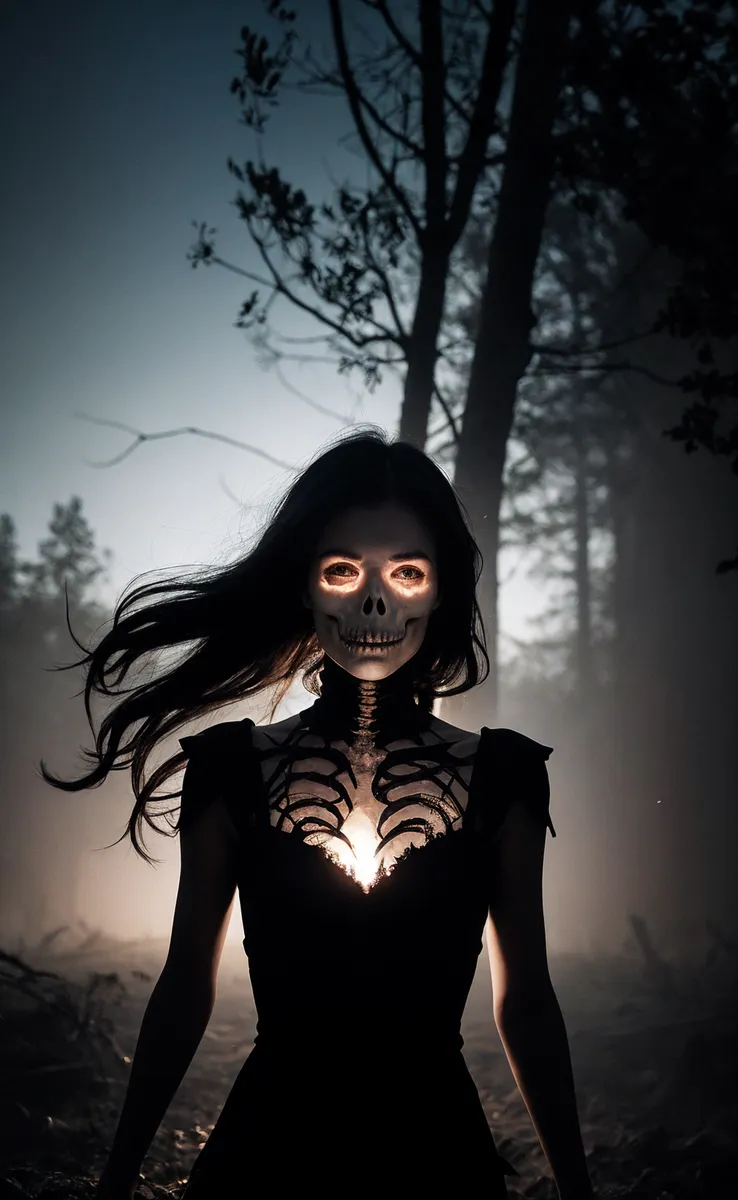 A mysterious woman wearing skeletal armor and a delicate black dress stands in a dark forest illuminated from behind, her face partially appearing as a glowing skull with skeletal features.