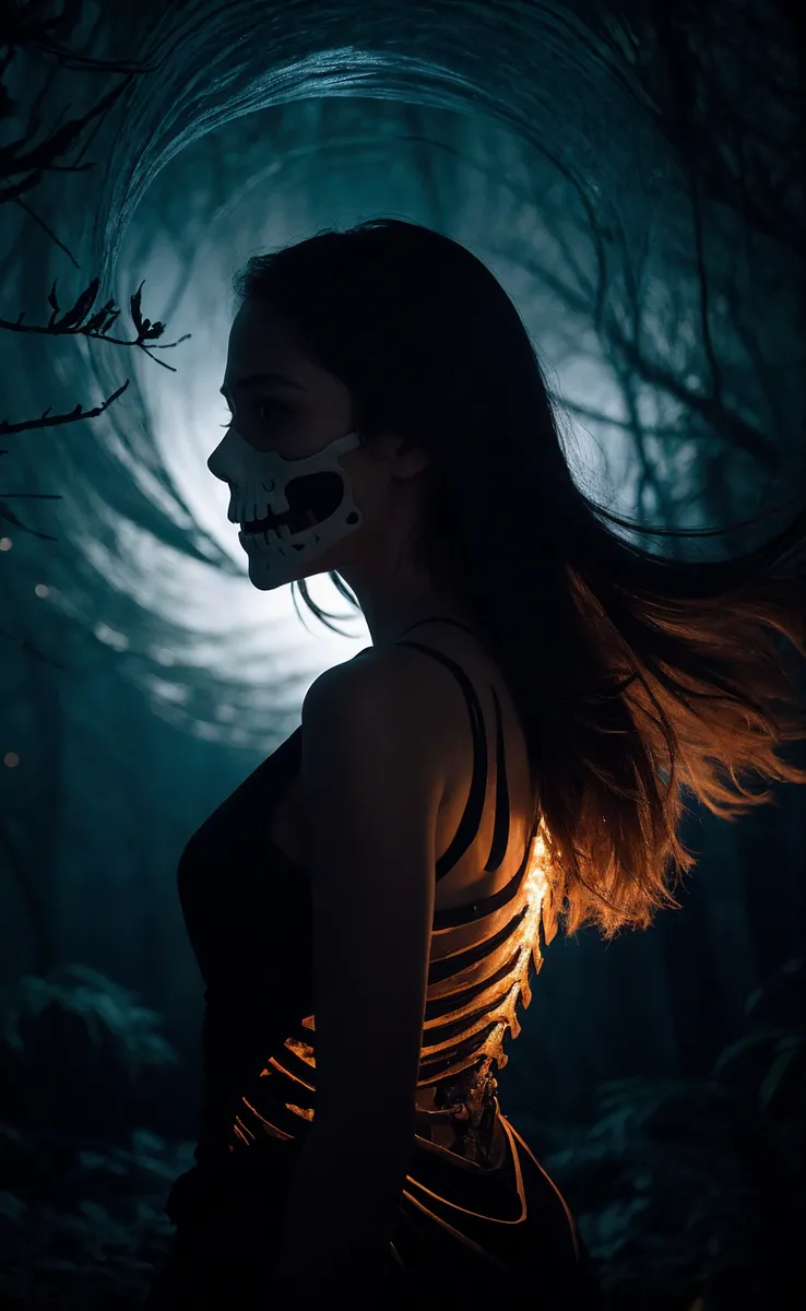 A young woman with a skeleton mask, illuminated by orange light through skeletal armor, stands in a dark mystical forest with a swirling black vortex behind her.