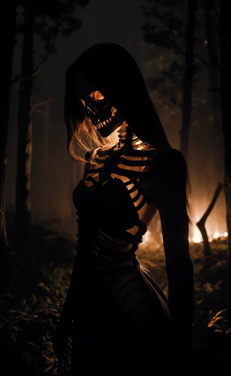 A skeleton witch with skeletal armor and an ethereal dress stands in a dark forest illuminated by ember glow and surrounded by black smoke.