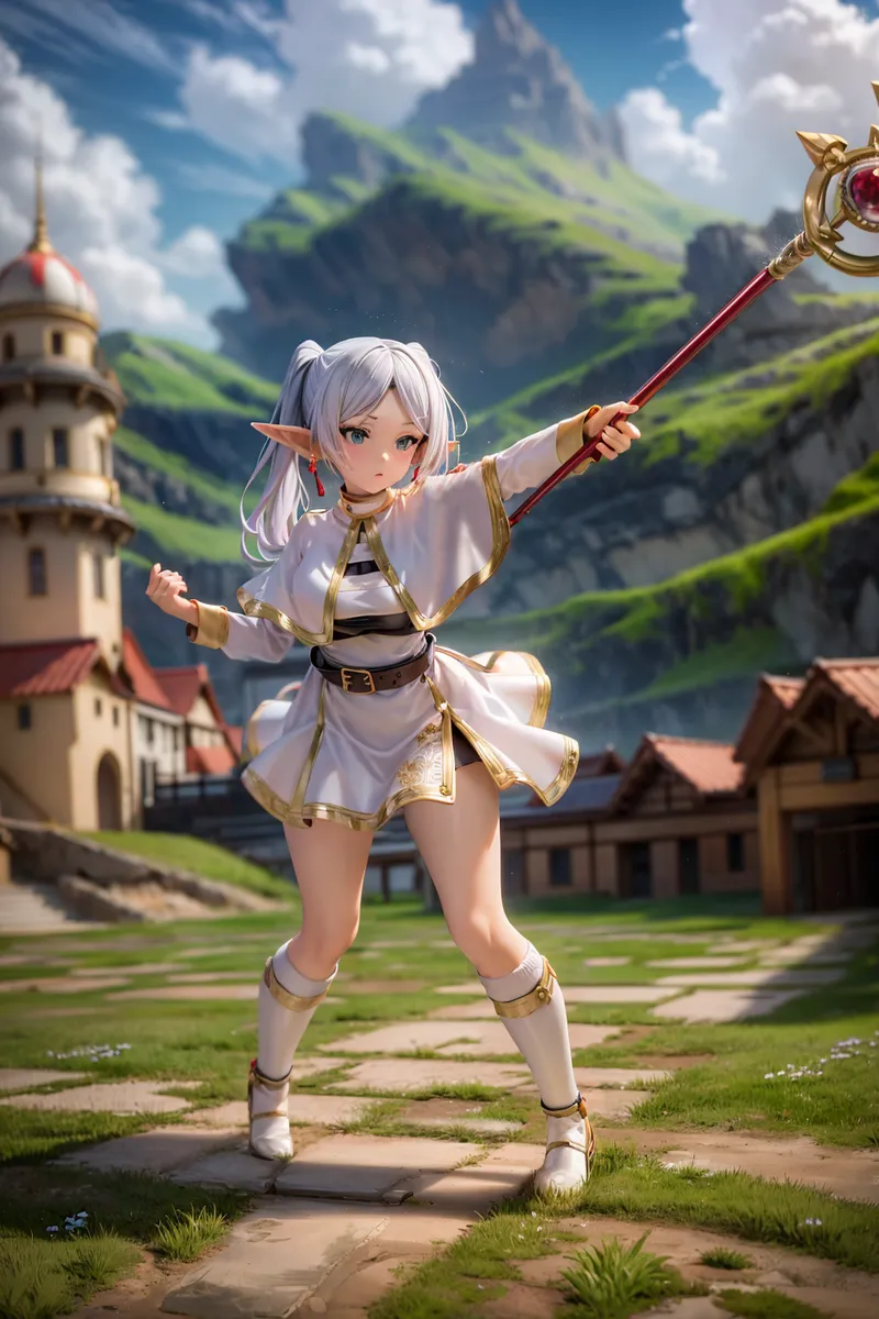 Uma guerreira elfa de cabelos brancos em um vestido branco e dourado, segurando um cajado erguido em uma postura de combate, com um castelo e as montanhas dos Alpes ao fundo sob um céu azul.