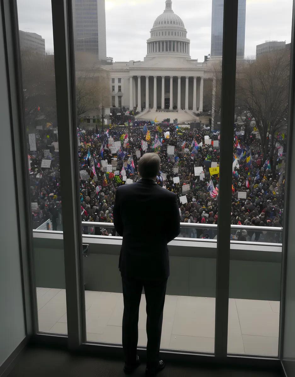 Rückansicht eines Senators im Anzug, der am Bürofenster steht und auf eine große Menge von Protestierenden vor dem Capitol-Gebäude blickt.