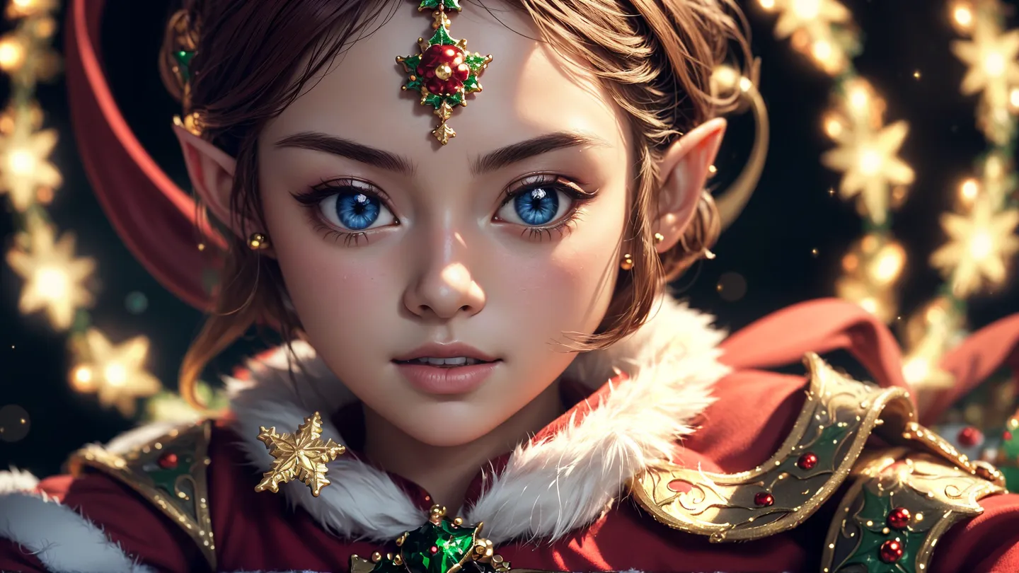 Closeup of a cute elf with striking blue eyes, wearing a detailed red Christmas costume with gold and green ornaments, set against a festive background of glowing stars.