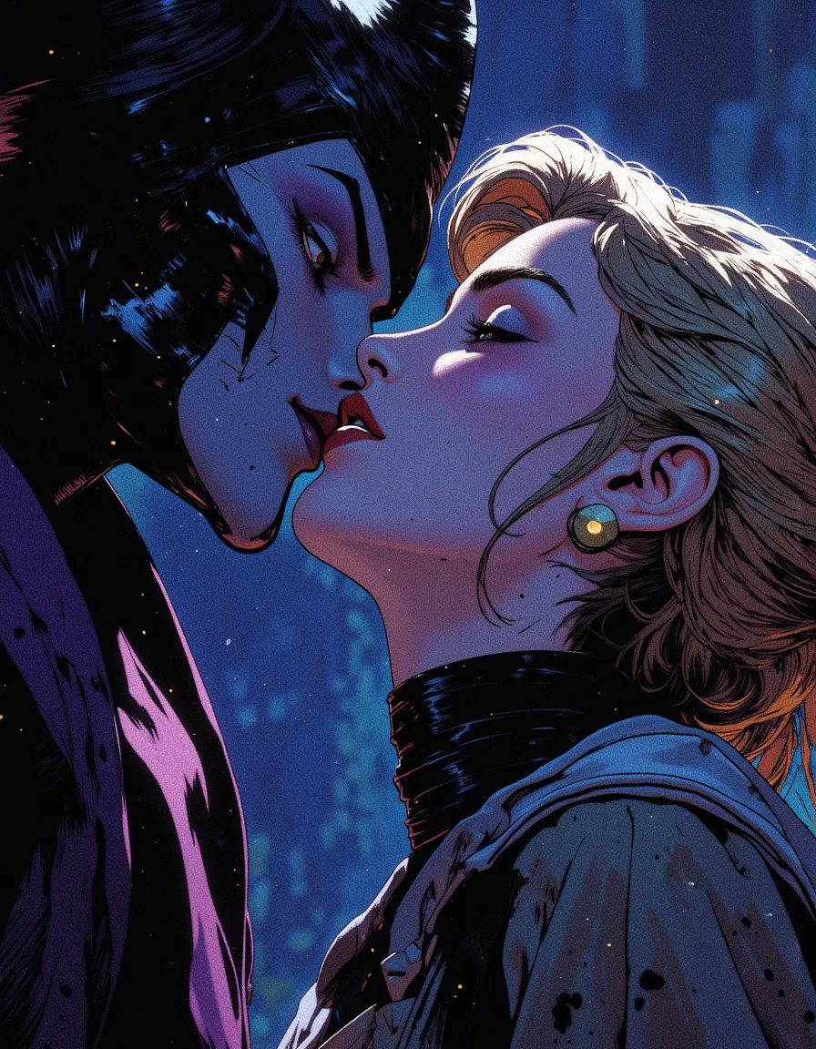 Illustrazione digitale di Maleficent e Cinderella in un bacio ravvicinato romantico, con bassa saturazione e stile cyberpunk su sfondo sfumato blu ombrato.