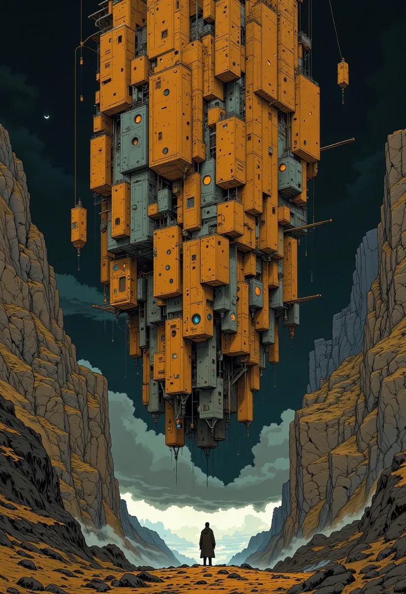 Un imponente edificio futuristico composto da numerosi cubi arancioni e grigi che fluttuano sopra il terreno in un canyon montano, con una piccola persona che si trova sotto sotto un cielo notturno.
