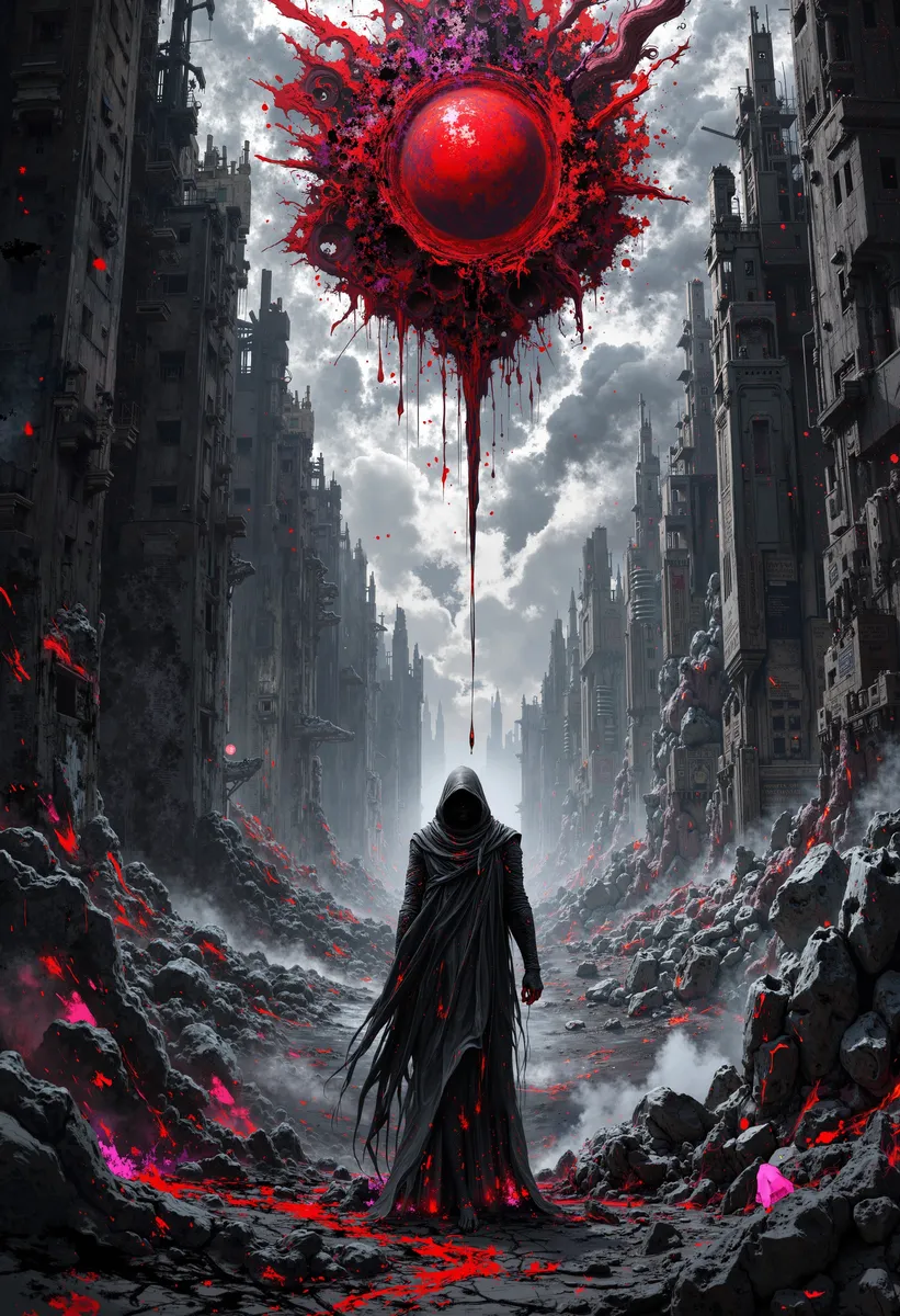 A towering hooded dark figure stands in a desolate post-apocalyptic landscape beneath a bleeding red orb, surrounded by crumbling buildings and dark stormy skies.