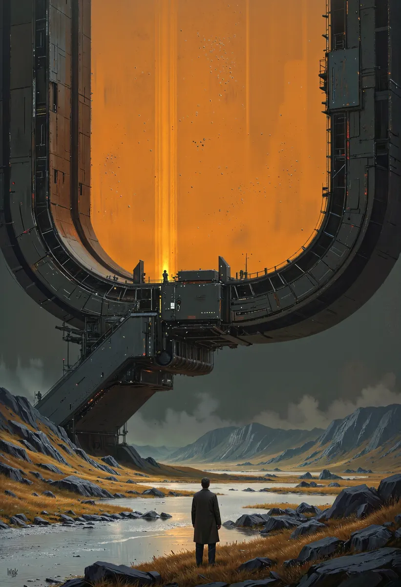 A lone person stands in a rocky mountain valley with tall grass, facing a massive U-shaped futuristic structure emitting a glowing orange portal, under a dark sky.