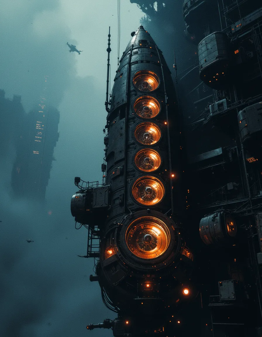 A futuristic spacecraft featuring rocket engines designed like a series of nested matryoshka dolls, set against a minimalist, shadowy blue gradient background with cinematic sci-fi ambiance.