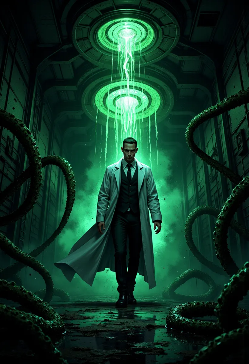 A stern male scientist in a white lab coat walks through a dark corridor illuminated by eerie green light, surrounded by ominous tentacles.