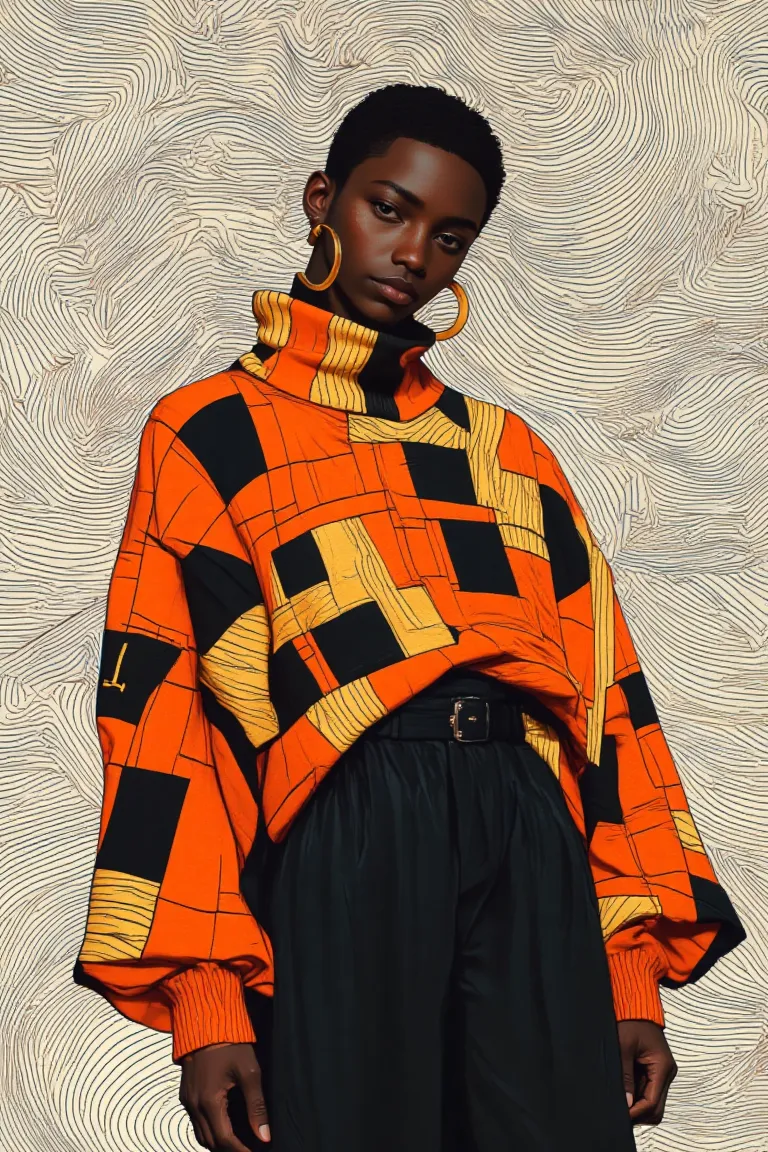 Ein stilisiertes Porträt eines Models mit einem orange-schwarzen geometrischen Rollkragenpullover und schwarzen hoch taillierten Hosen vor einem detaillierten wirbelnden optischen Illusionshintergrund.