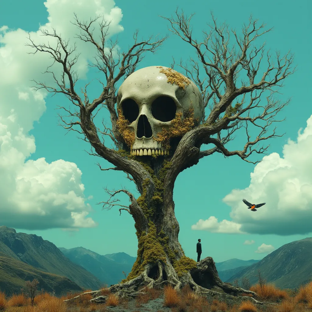 Surrealistic scene featuring a large tree with a skull integrated into its trunk, surrounded by mountains and a cloudy blue sky, with a solitary figure and a bird nearby.