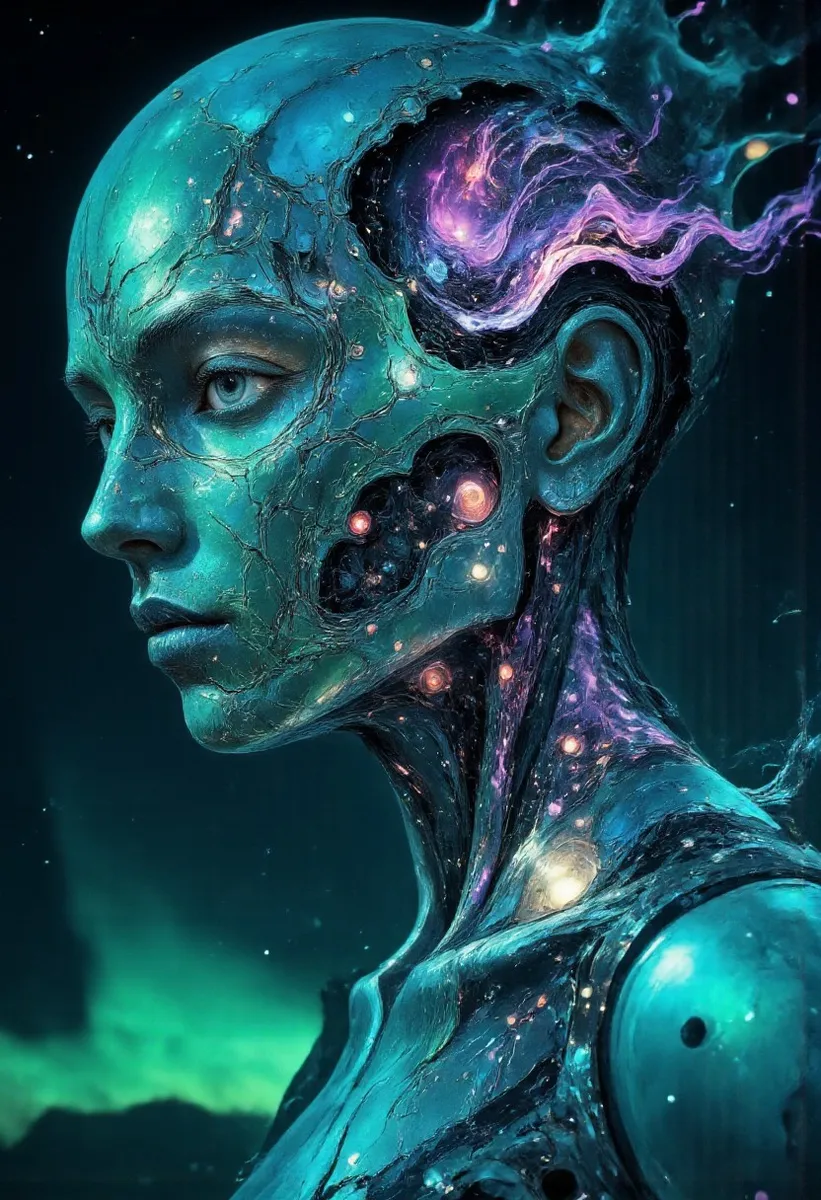 Close-up portrait of an Aurora Borealis Cyborg with a teal metallic face embedded with cosmic glowing pathways and celestial light, set against a starry background.