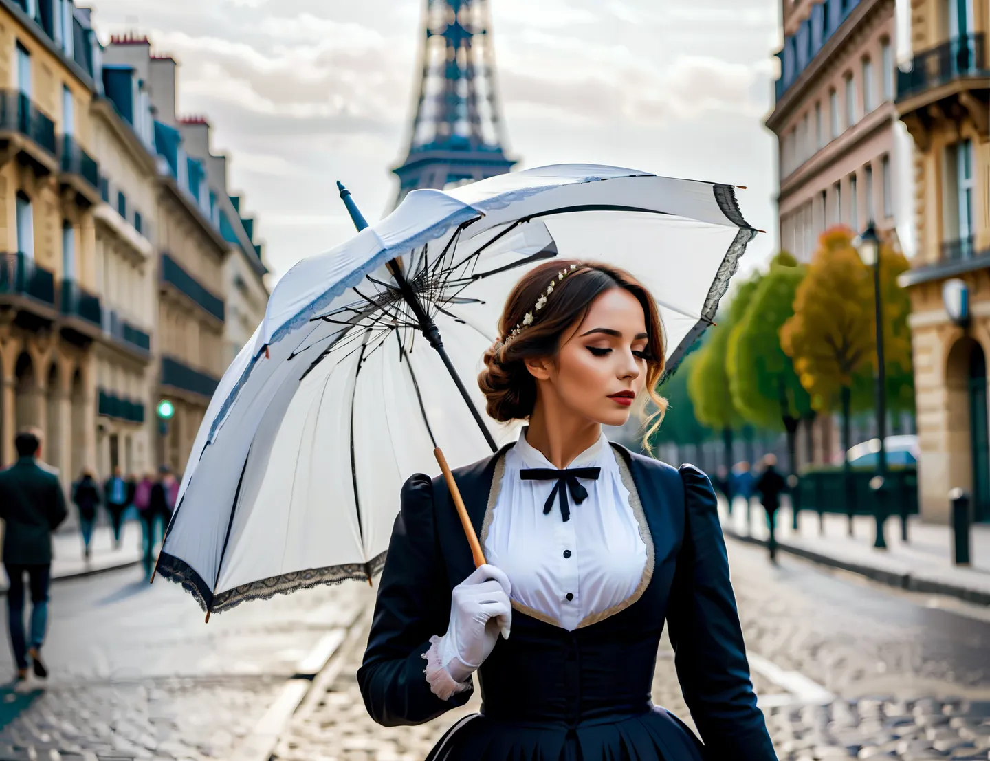 Uma jovem mulher parisiense vestida com um vestido tradicional no estilo vitoriano segurando um guarda-chuva branco em uma rua de paralelepípedos com a Torre Eiffel ao fundo, capturada com iluminação cinematográfica.