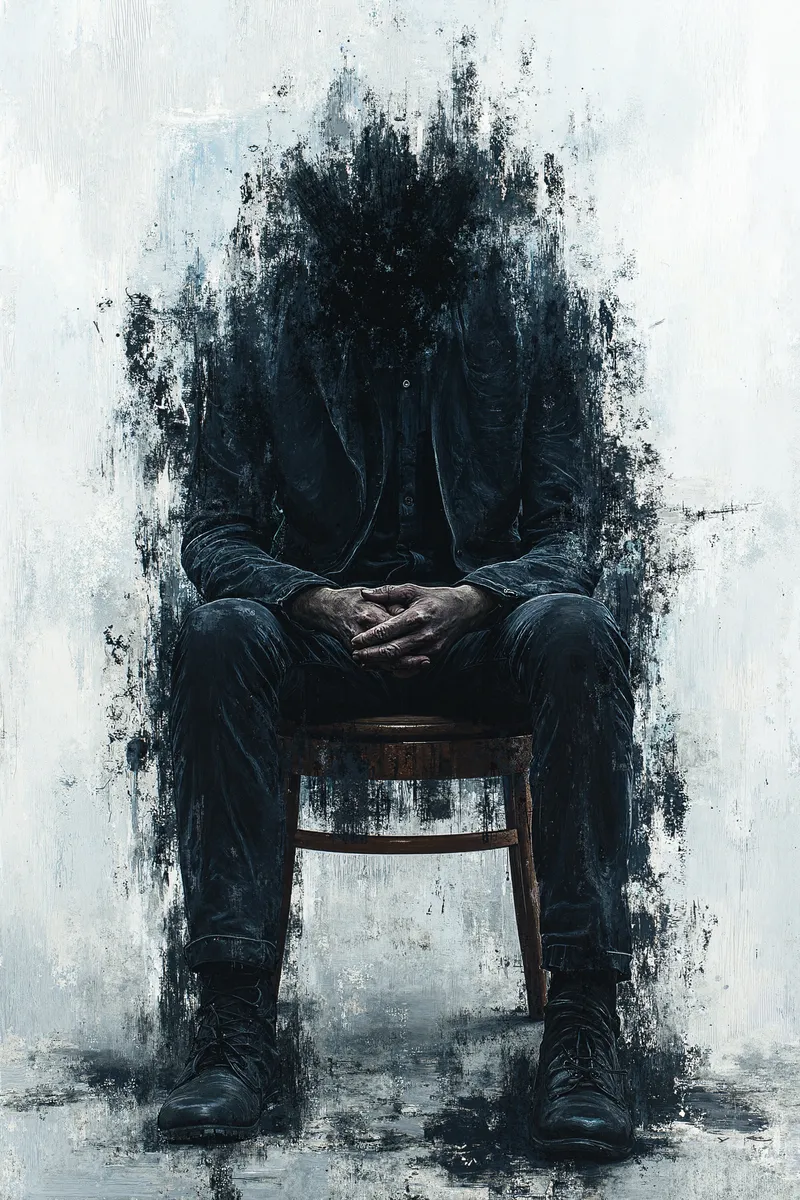A digital painting of a fragmented figure seated on a wooden chair, dissolving into abstract dark blue and black textures, expressing chaotic emotions.