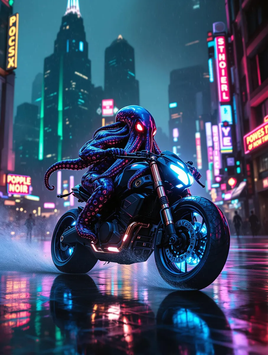 Octopus Racing Futuristic Motorbike in Neo-Noir City - AI Image Gallery ...