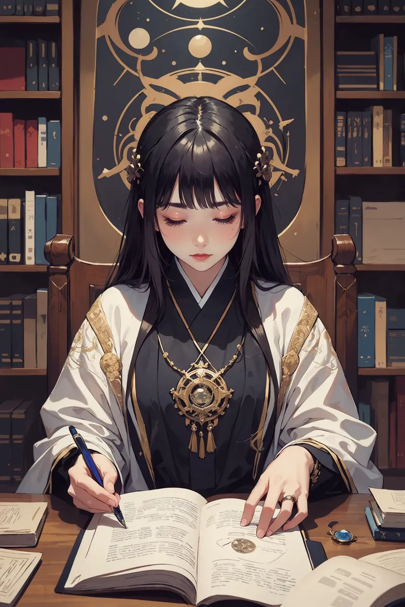 Una donna asiatica vestita con vesti da studiosa, concentrata mentre scrive e studia antichi testi magici a una scrivania, circondata da libri e simboli luminosi in uno studio dettagliato.