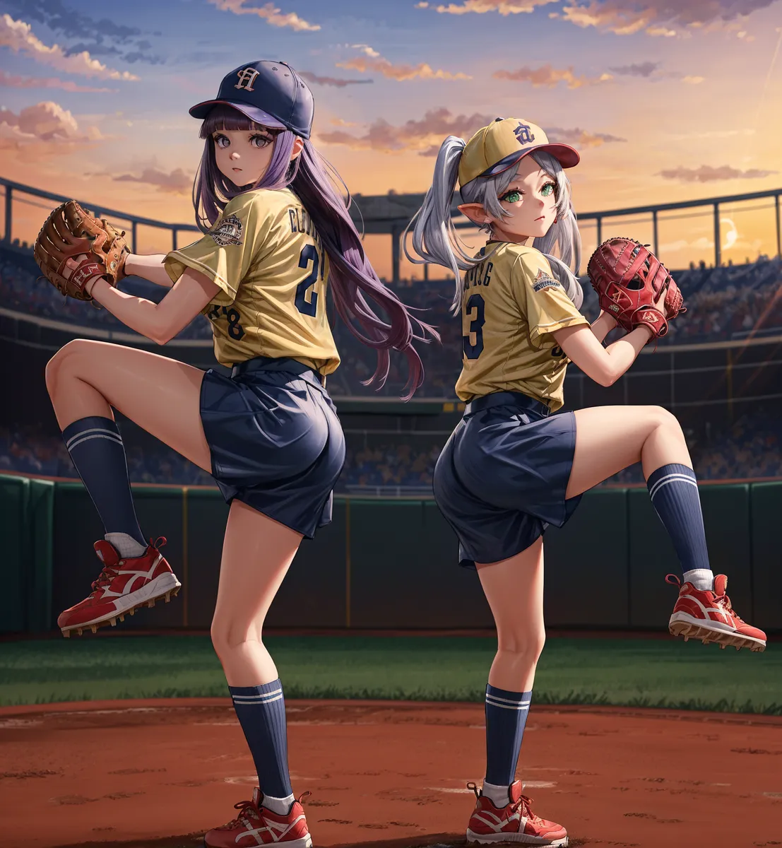 Zwei weibliche Anime-Baseball-Pitcher in gelben Trikots und blauen Shorts, bereit zum Werfen, stehend auf dem Pitcher's Mound bei Sonnenuntergang mit detailliertem Baseball-Stadion im Hintergrund.