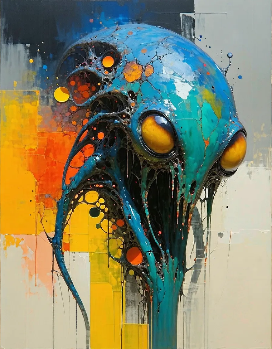 A hyper-detailed biomorphic dystopian creature with a glossy blue textured surface and large orange eyes, set against an abstract background inspired by Mark Rothko's color blocks in yellow, orange, and gray tones.