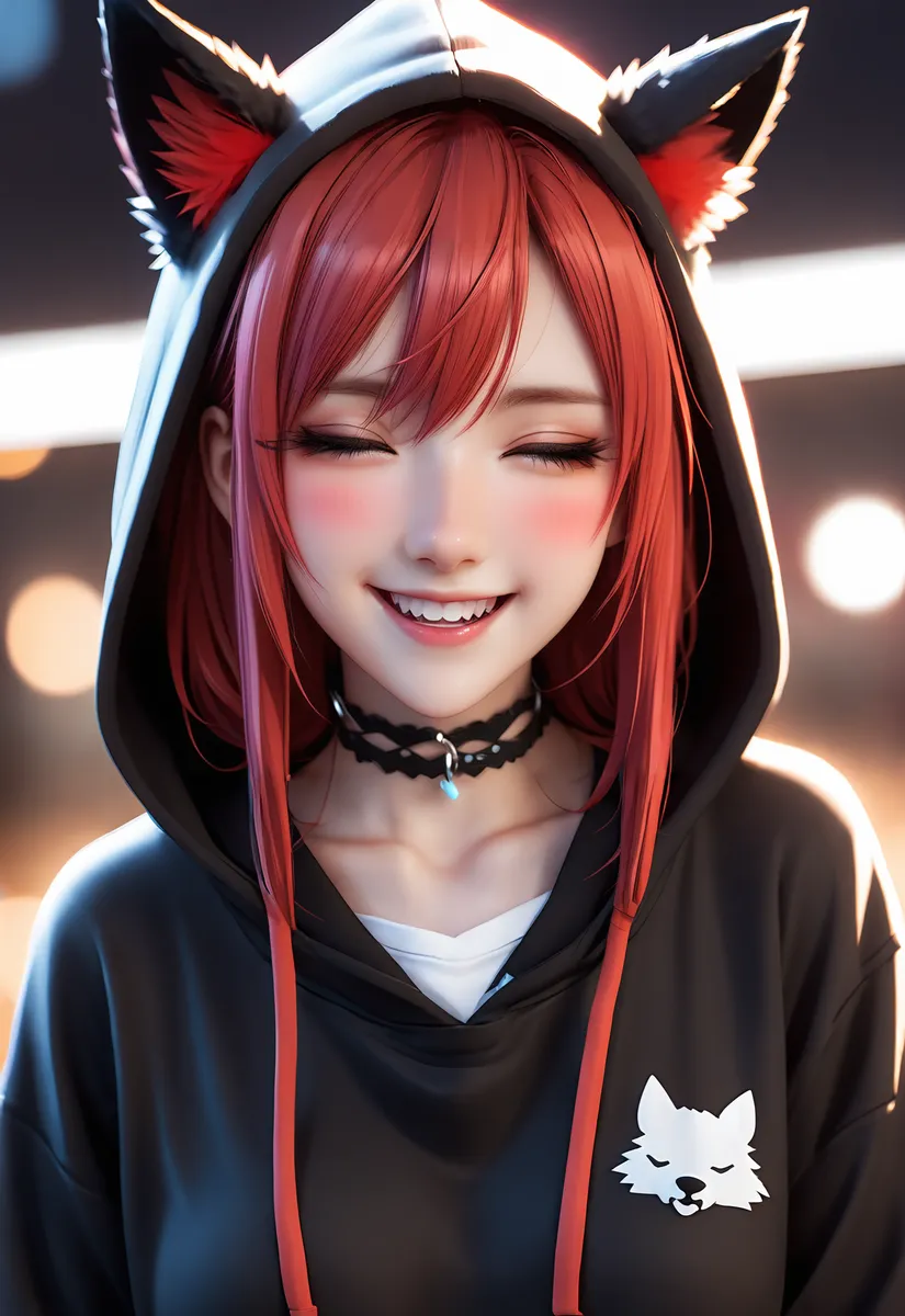 Chica lobo sonriente con cabello rojo que lleva una sudadera negra con capucha de orejas de lobo, un collar negro y los ojos cerrados.