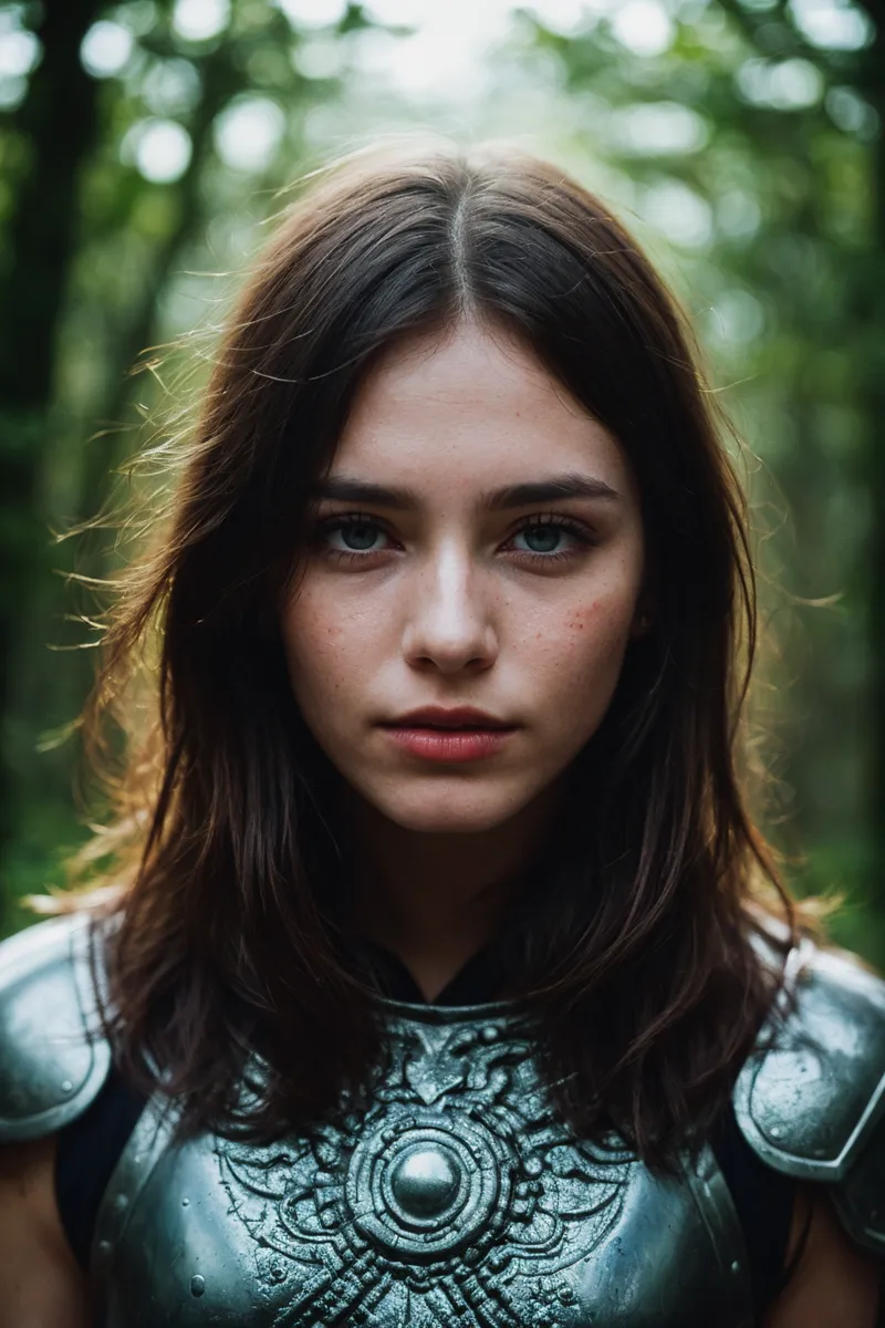 Close-up portrait of a young woman with blue eyes wearing detailed Celtic-style armor in a forest, featuring realistic skin texture and soft natural light.