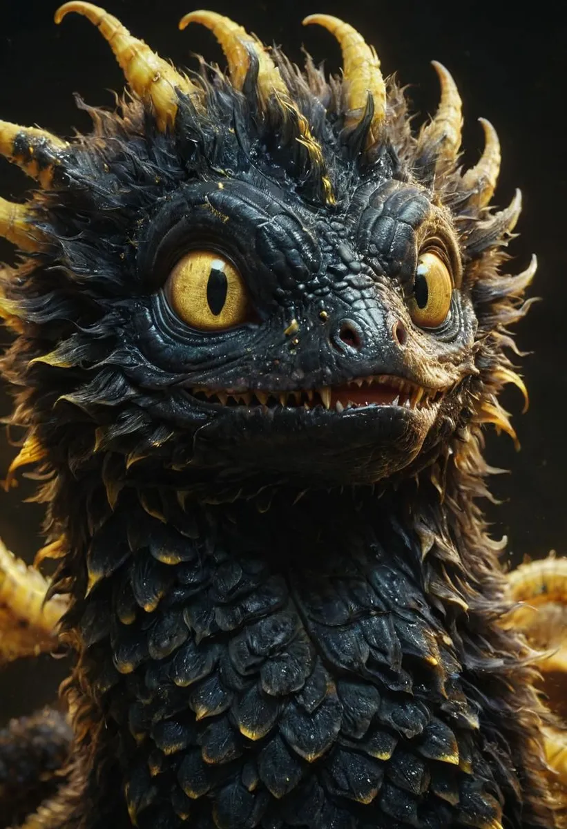 Retrato em close de um dragonworm lindworm preto e amarelo caprichoso com escamas detalhadas, olhos amarelos expressivos e chifres dourados texturizados.