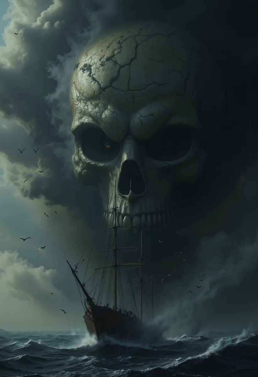 An old sailing ship battles rough seas under a stormy sky dominated by a giant skull-shaped cloud, with birds flying around creating an eerie, ominous atmosphere.