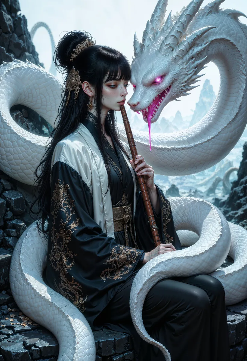 Donna in kimono bianco e nero che tiene un flauto di legno, seduta con un grande serpente bianco dagli occhi rosa luminosi che si avvolge intorno a lei in un paesaggio roccioso mistico.