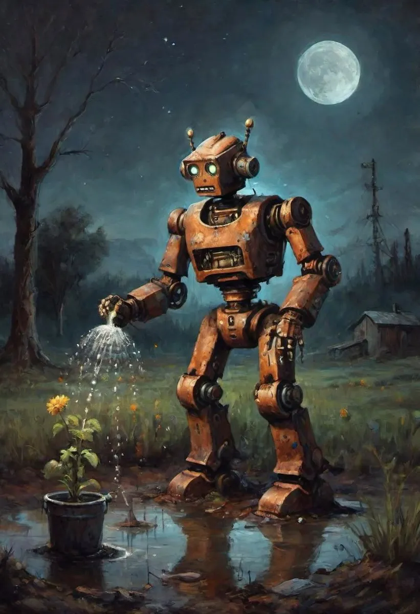 Rusty Robot Watering Last Plant on Earth - AI Image Gallery | Diffus