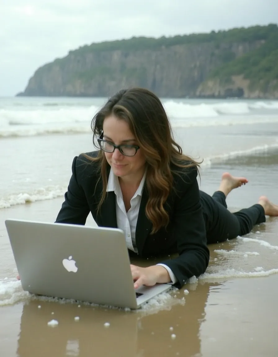 Woman in Suit Working on Laptop at Beach Shore - AI Image Gallery | Diffus