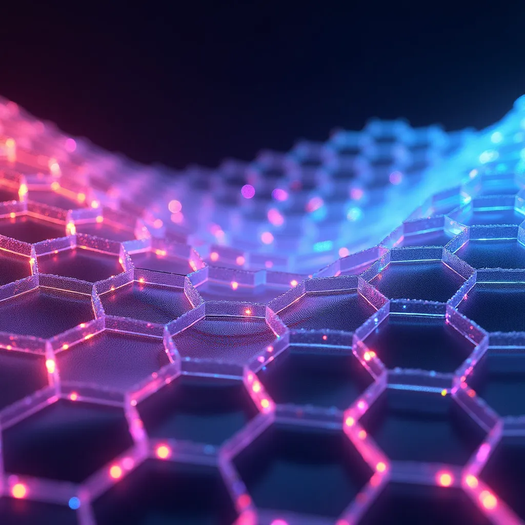 Close-up of a highly detailed honeycomb structure with thin edges and RGB neon lighting in an abstract volumetric setting resembling an LCD screen.