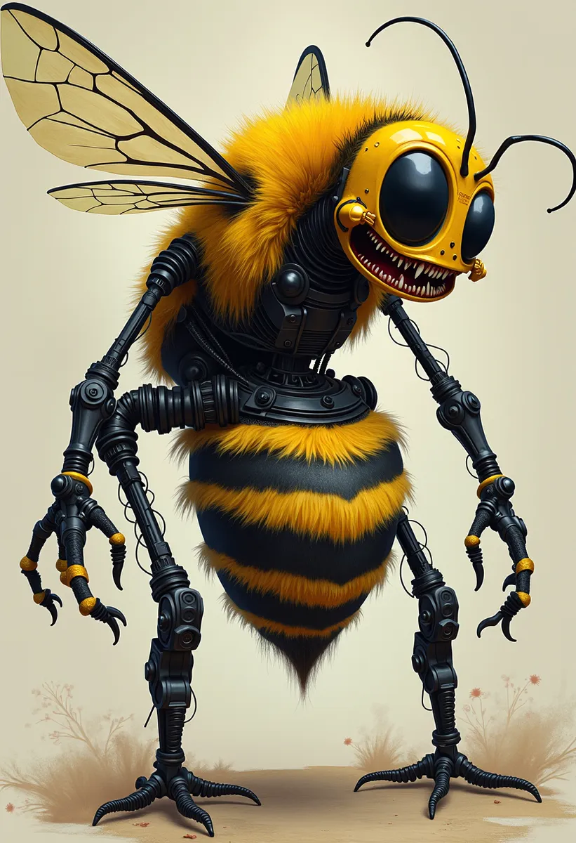A creepy mechanical chimera blending a bee, terminator, and fan with robotic limbs and large cartoonish eyes, showing a humorous caricature style.