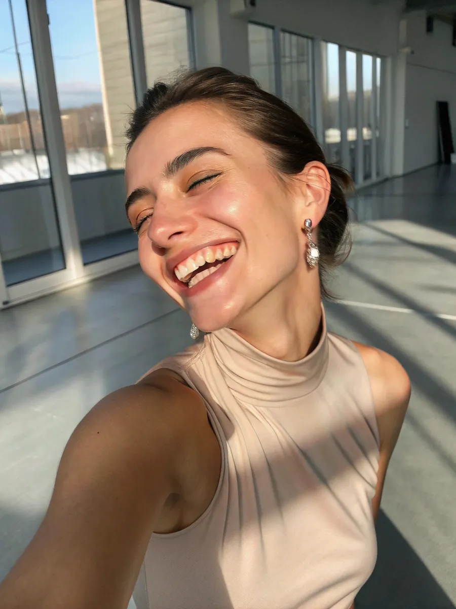 Close-up selfie of a smiling Bulgarian woman with natural glowing skin under soft window light, wearing silver earrings and a high-neck sleeveless top in a minimalist loft.